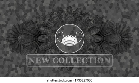 Guilloche decoration Face mask icon and New collection text grey stone wall emblem. Rock graceful background. Artistic illustration. 
