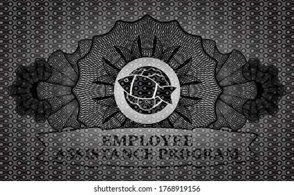 Guilloche Decoration Fish Dish Icon And Employee Assistance Program Text Dark Abstract Emblem. Pattern Delicate Background. Intense Illustration. 