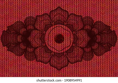 Guilloche decoration fried egg icon inside Red color woolen fabric emblem. Cloth classic background. Vector illustration. 