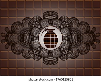 Guilloche decoration grenade icon inside chocolate bar emblem. Brown chic background. Intense illustration. 