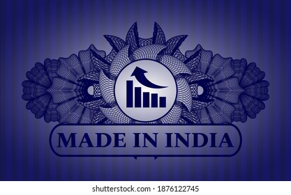 Guilloche decoration growth graph icon and Made in India text Blue realistic emblem. Bars luxurious background. Intense illustration. 
