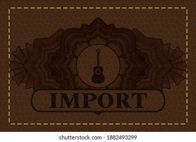 Guilloche decoration guitar icon and Import text brown leather realistic emblem. Wallet handsome background. Vector illustration. 