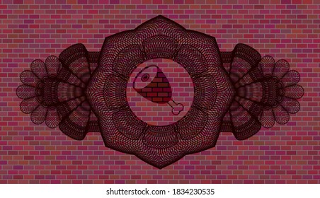 Guilloche decoration ham leg icon inside brick stone wall badge. Tiles fashionable background. Vector illustration. 