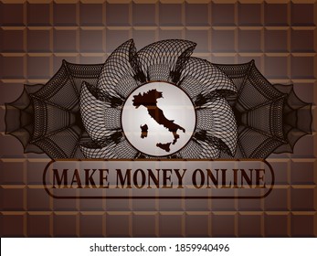 Guilloche decoración Italia mapea el ícono y la insignia de chocolate de texto Make Money Online. Marrón elegante fondo. Ilustración intensa. 