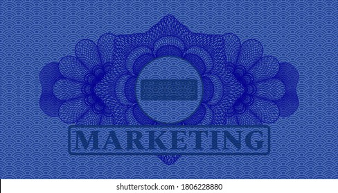 Guilloche decoration keyboard icon and Marketing text blue japanese style pattern realistic badge. Geometric delicate background. Artistic illustration. 