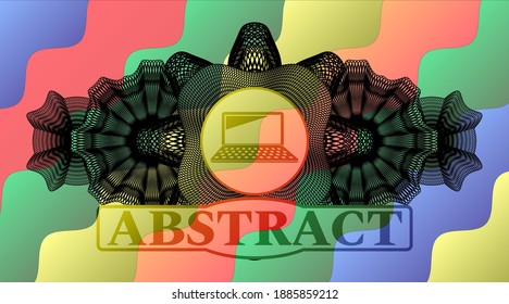 Guilloche decoration laptop computer icon and Abstract text Colorful realistic emblem. Curvy classic background. Intense illustration. 
