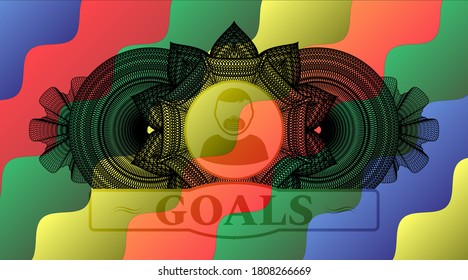 Guilloche decoration Man wearing mask icon and Goals text Colorful badge. Curvy classic background. Vector illustration. 