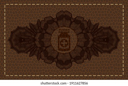 Guilloche decoration medicine bottle icon inside leather emblem. Wallet fashionable background. Illustration. 