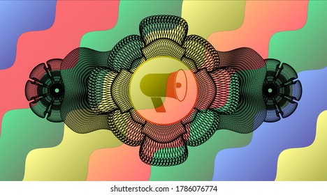 Guilloche decoration megaphone icon inside Colorful multicolored emblem.Curvy handsome background. Artistic illustration. 