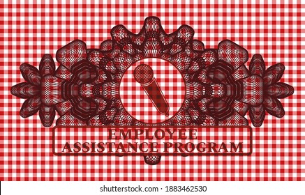 Guilloche Decoration Microphone Icon And Employee Assistance Program Text Red Checkered Tablecloth Emblem. Restaurant Handsome Background. Vector Illustration. 