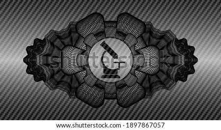 Guilloche decoration microscope icon inside carbon fiber realistic badge. Polymer texture fashionable background. Illustration. 