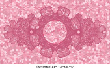 Guilloche decoration molecule icon inside pink color tile mosaic pattern realistic emblem. Geometric hexagon delicate background. Vector illustration. 