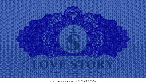 Guilloche decoration money symbol with sword icon and Love Story text blue color japanese style pattern realistic emblem. Geometric classic background. Illustration. 