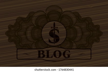 Guilloche decoration money symbol with sword icon and Blog text wooden realistic badge. Brown classic background. Illustration. 