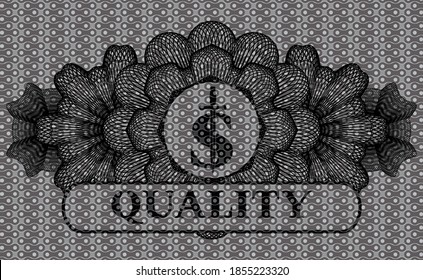 Guilloche decoration money symbol with sword icon and Quality text dark abstract realistic badge. Pattern fashionable background. Artistic illustration. 
