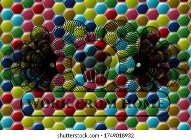 Guilloche decoration muffin icon and Work from home text Colorful candy emblem. Hexagon handsome background. Artistic illustration. 
