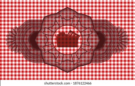 Guilloche decoration open folder with money document icon inside red checkered tablecloth emblem. Restaurant chic background. Artistic illustration. 