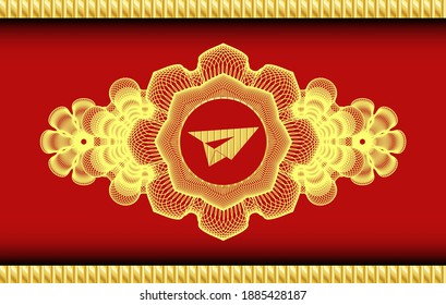 Guilloche decoration paper plane icon inside Red and Gold realistic emblem. Traditional classic background. Intense illustration. 