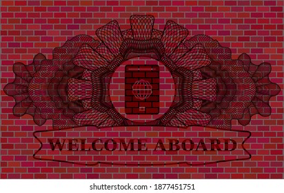 Guilloche decoration passport icon and WELCOME ABOARD text red brick wall badge. Tiles fancy background. Vector illustration. 