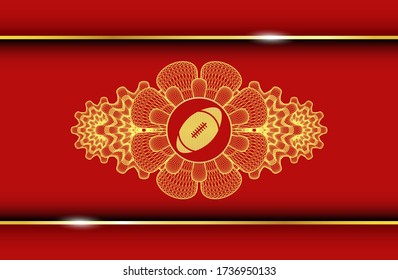 Guilloche decoration rugby ball icon inside Gold and Red color realistic emblem. Traditional delicate background. Artistic illustration. 