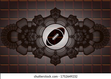 Guilloche decoration rugby ball icon inside chocolate bar realistic emblem. Brown exquisite background. Artistic illustration. 
