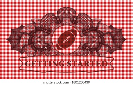 Guilloche decoration rugby ball icon and Getting Started text red checkered tablecloth realistic badge. Restaurant classic background. Illustration. 