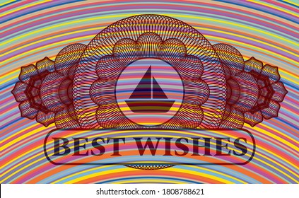 Guilloche decoration sailboat icon and Best wishes text colorful realistic badge. Showy exquisite background. Artistic illustration. 