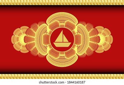 Guilloche decoration sailboat icon inside Red color and Gold badge. Traditional fashionable background. Intense illustration. 