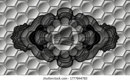 Guilloche decoration sandwich icon inside grey color shiny geometric style pattern realistic badge. Trendy delicate background. Intense illustration. 