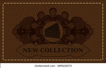 Guilloche decoration sandwich icon and New collection text brown leather badge. Wallet delicate background. Illustration. 