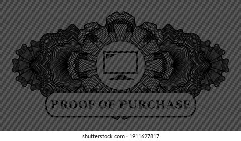 Guilloche decoration screen icon and proof of purchase text carbon fiber dark realistic emblem. Polymer texture classic background. Illustration. 