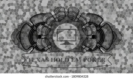 Guilloche decoration screen icon and Texas Hold'em Poker text stone wall realistic badge. Rock luxurious background. Illustration. 