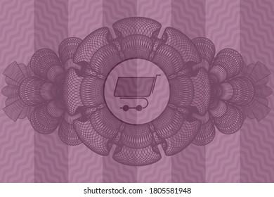 Guilloche decoration shopping cart icon inside pink wavy emblem. Curve fashionable background. Intense illustration. 