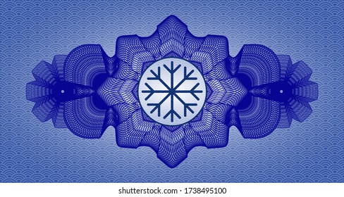 Guilloche decoration Snowflake icon inside blue japan style pattern realistic badge. Geometric handsome background. Illustration. 