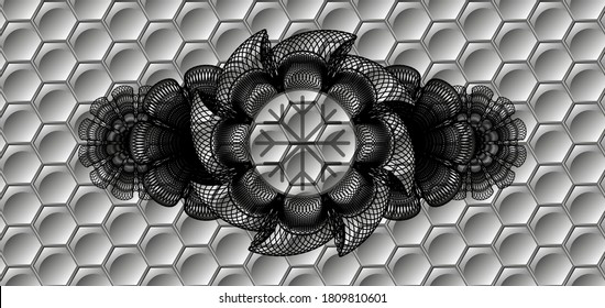 Guilloche decoration Snowflake icon inside grey hexagon geometric style pattern realistic badge. Trendy exquisite background. Artistic illustration. 