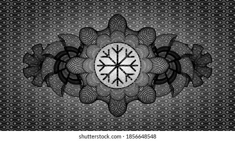 Guilloche Dekoration Schneeflocken Symbol in dunklem abstraktem Emblem. Muster, feiner Hintergrund. Illustration. 