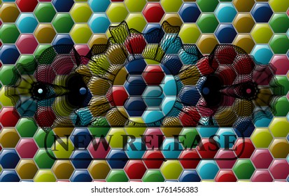 Guilloche decoration stack of books icon and New Release text Colorful multicolored badge. Hexagon exquisite background. Vector illustration. 