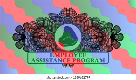 Guilloche Decoration Steak Icon And Employee Assistance Program Text Colorful Realistic Emblem. Curvy Classic Background. Illustration. 