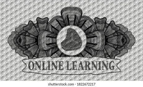 Guilloche decoration Steak icon and Online Learning text grey color pattern realistic badge. Trendy delicate background. Artistic illustration. 