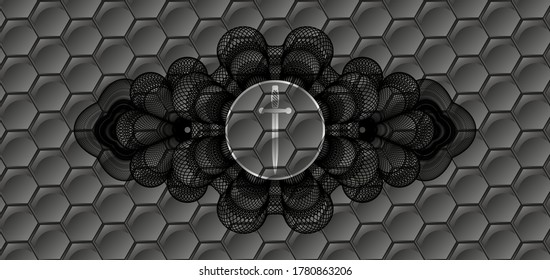 Guilloche Dekoration Schwert Symbol in grauem Muster realistische Abzeichen. Trendy luxuriöser Hintergrund. Künstlerische Illustration. 