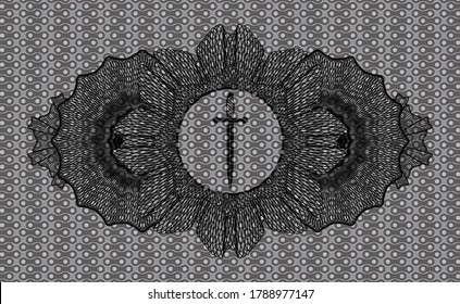 Guilloche decoration Sword icon inside black abstract badge. Pattern chic background. Vector illustration. 