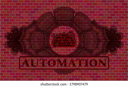 Guilloche decoration taco icon and Automation text red brick stone wall realistic badge. Tiles luxurious background. Artistic illustration. 
