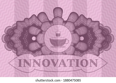 Guilloche decoration tea icon and Innovation text pink wavy realistic badge. Curve delicate background. Vector illustration. 