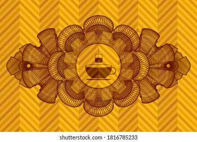 Guilloche decoration tea icon inside abstract orange badge. Geometric fancy background. Illustration. 