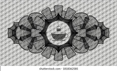 Guilloche decoration tea icon inside grey color shiny style pattern realistic emblem. Trendy classic background. Vector illustration. 