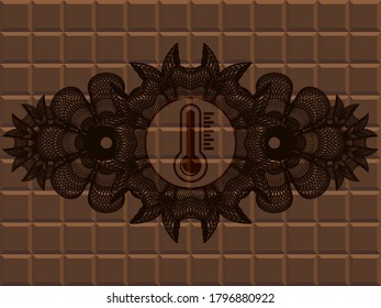 Guilloche decoration thermometer icon inside chocolate bar emblem. Brown delicate background. Artistic illustration. 