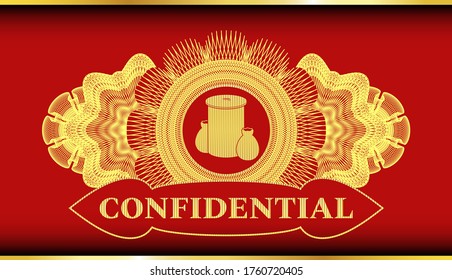 Guilloche decoration trash icon and Confidential text Gold and Red realistic emblem. Traditional graceful background. Vector illustration. 