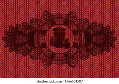 Guilloche decoration trash icon inside Red woolen fabric realistic emblem. Cloth classic background. Illustration. 