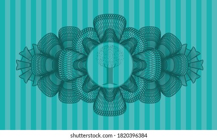 Guilloche decoration tree icon inside Turquoise realistic badge. Bars chic background. Vector illustration. 