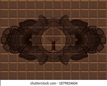 Guilloche decoration tree icon inside chocolate realistic emblem. Brown graceful background. Illustration. 